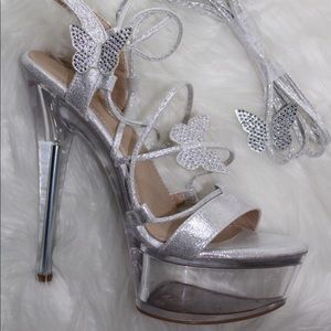 Clear Platform Silver Butterfly Lace Up Heels